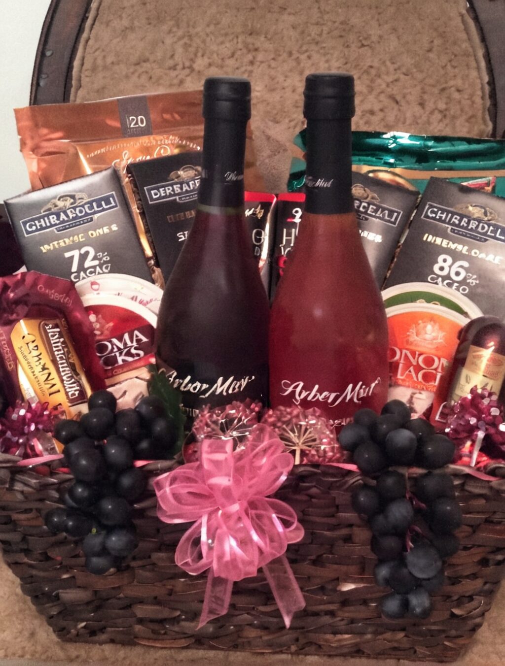 gift baskets with wine and chocolate