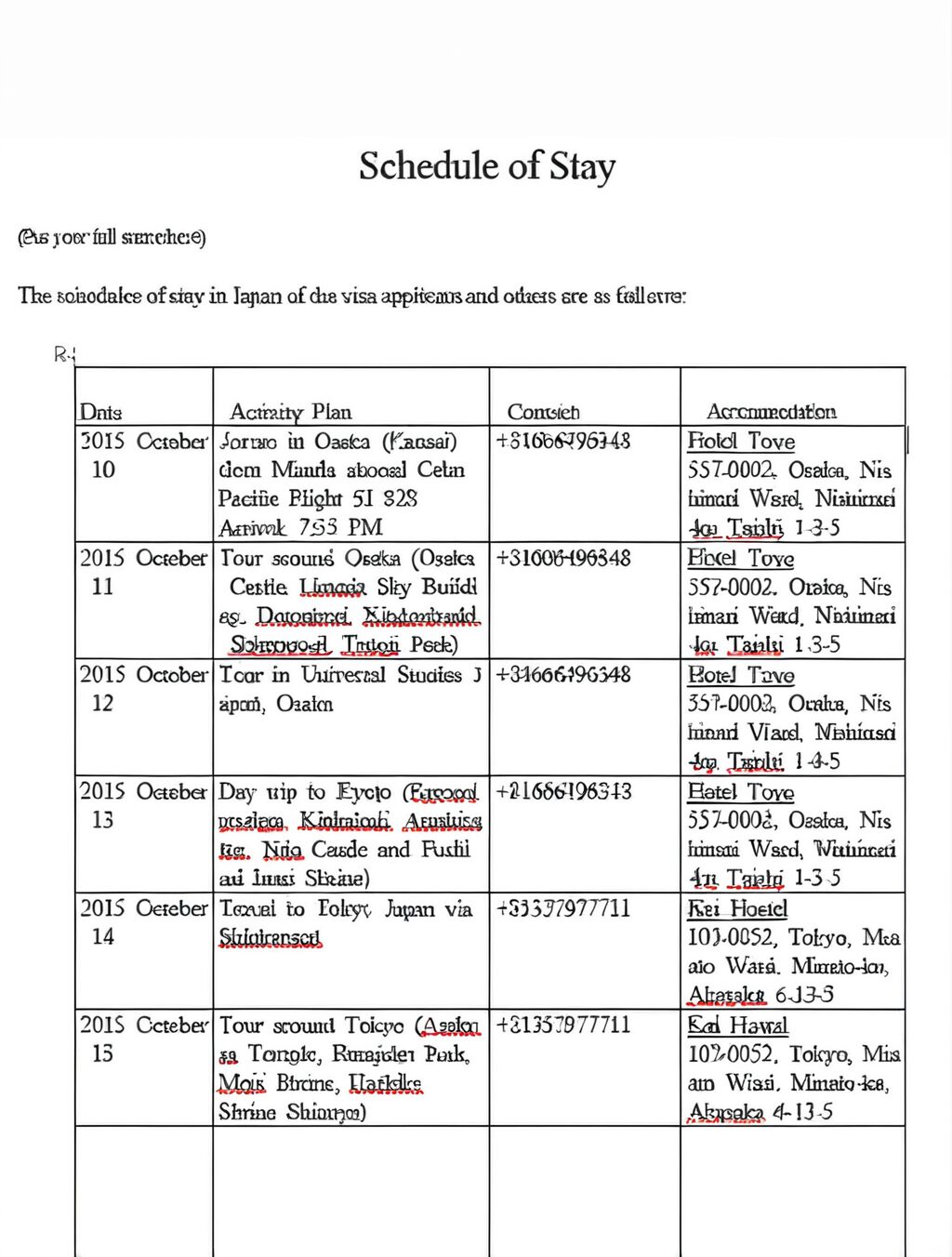 itinerary japan visa example