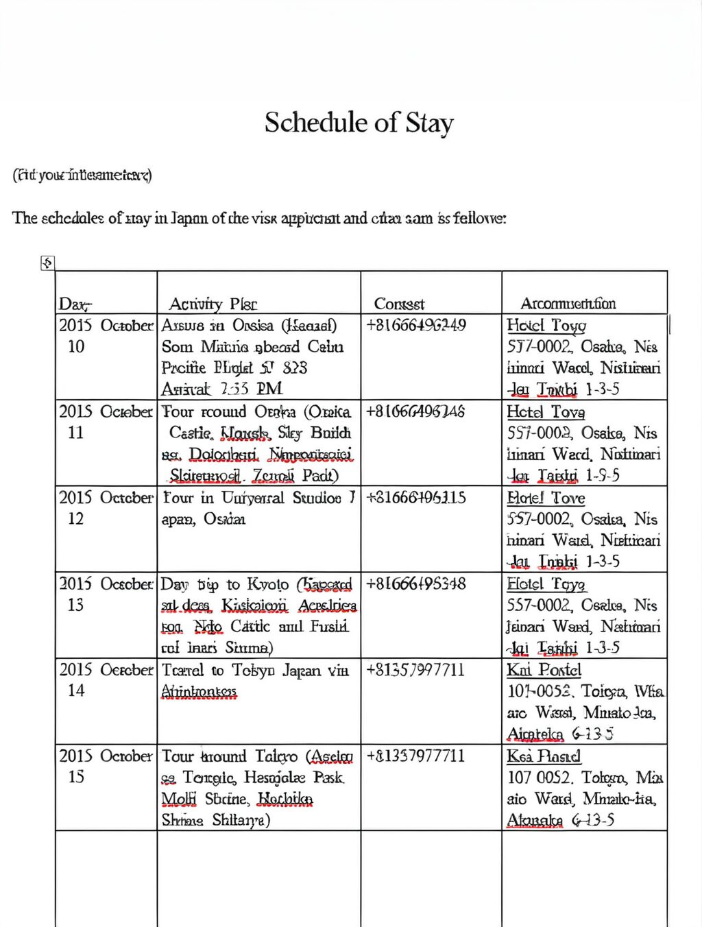 itinerary japan visa sample