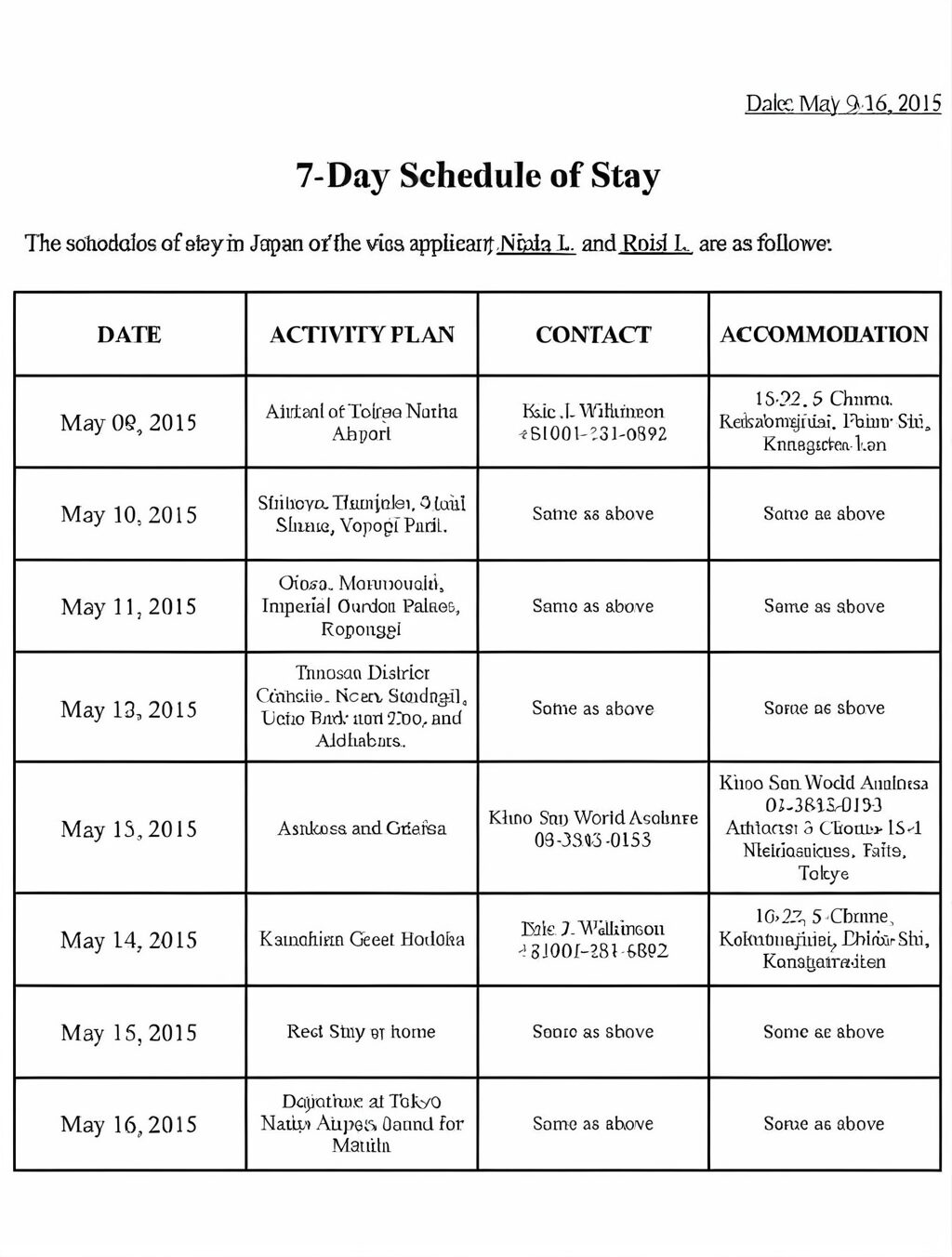 japan itinerary template word