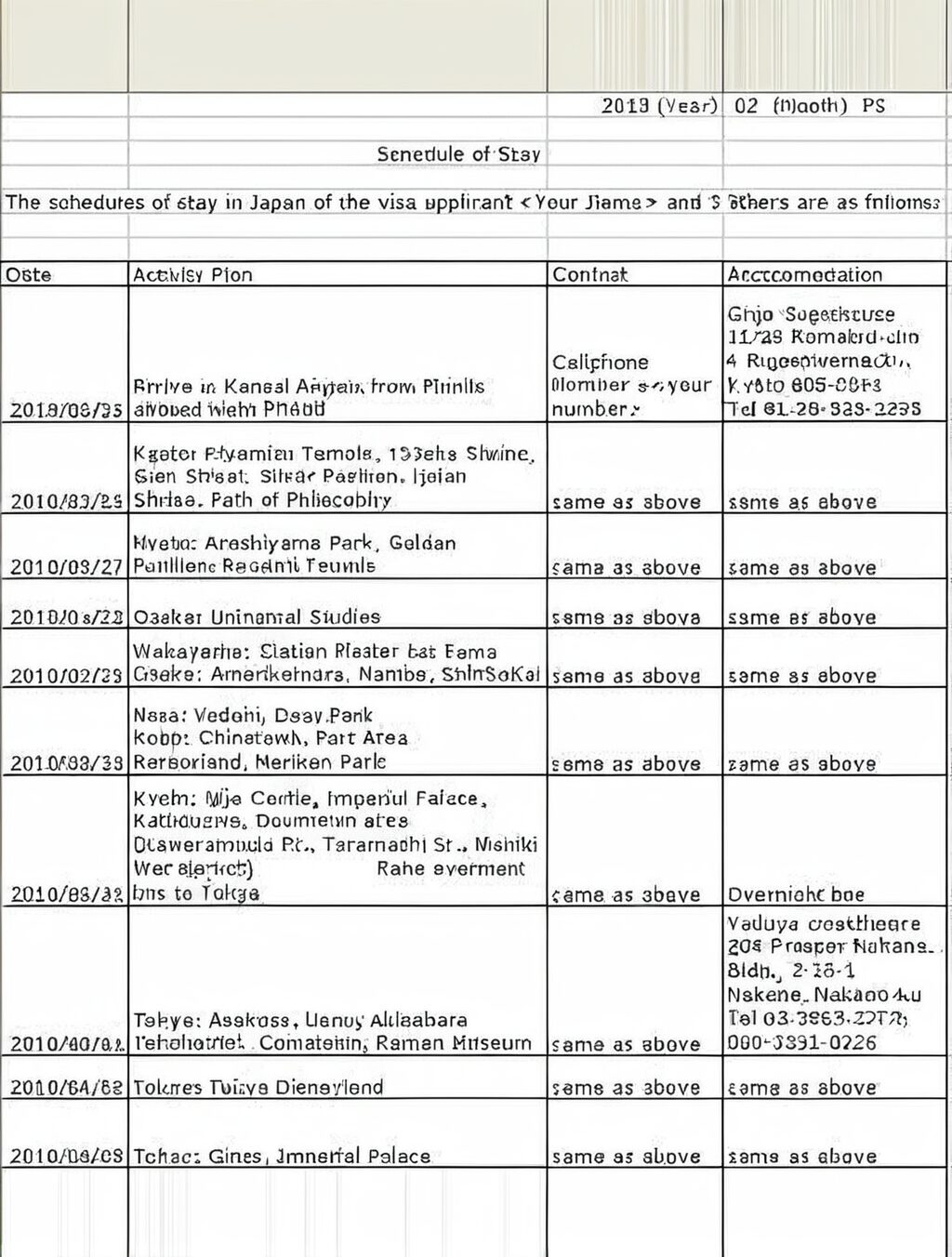 japan visa itinerary example