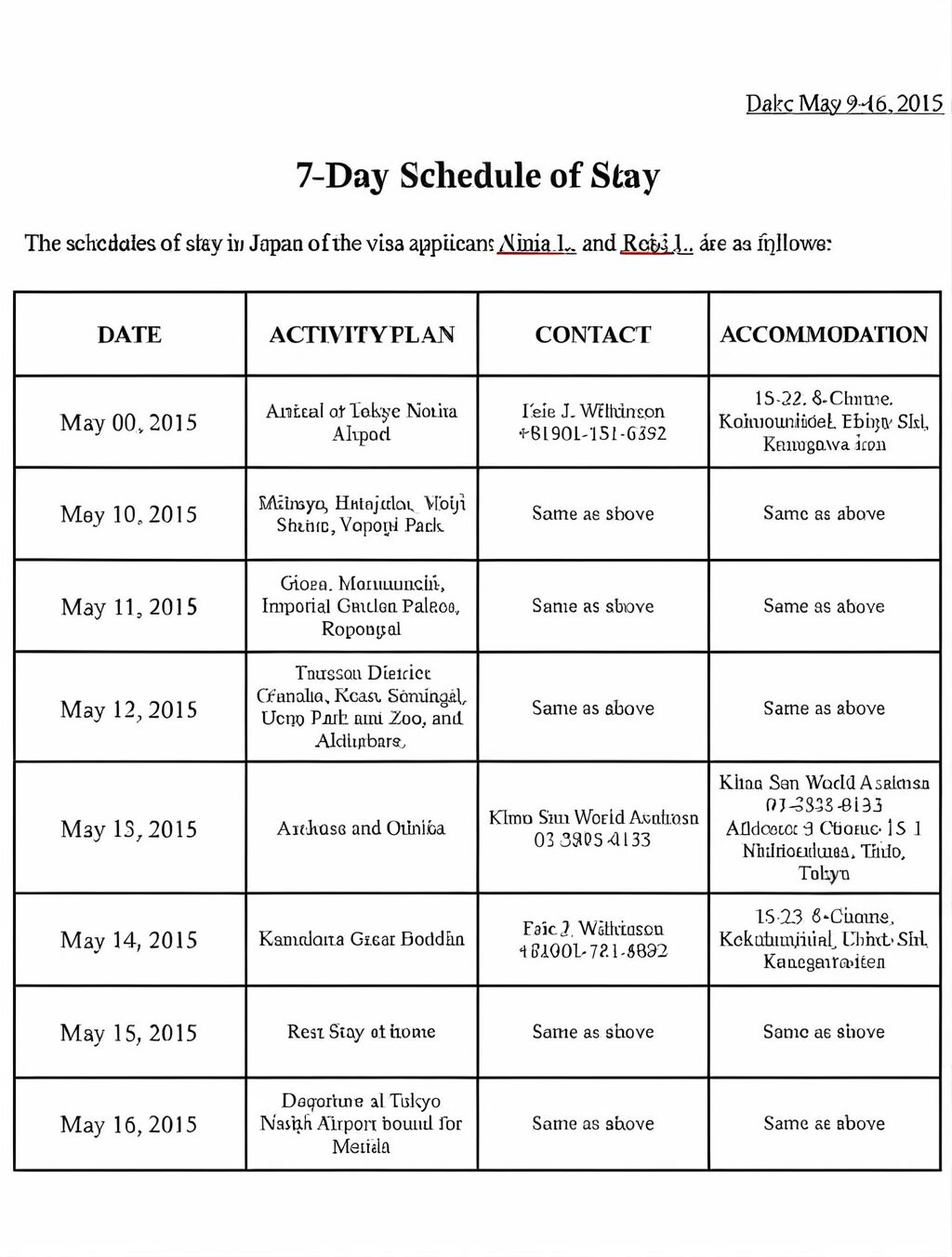 japan visa itinerary example