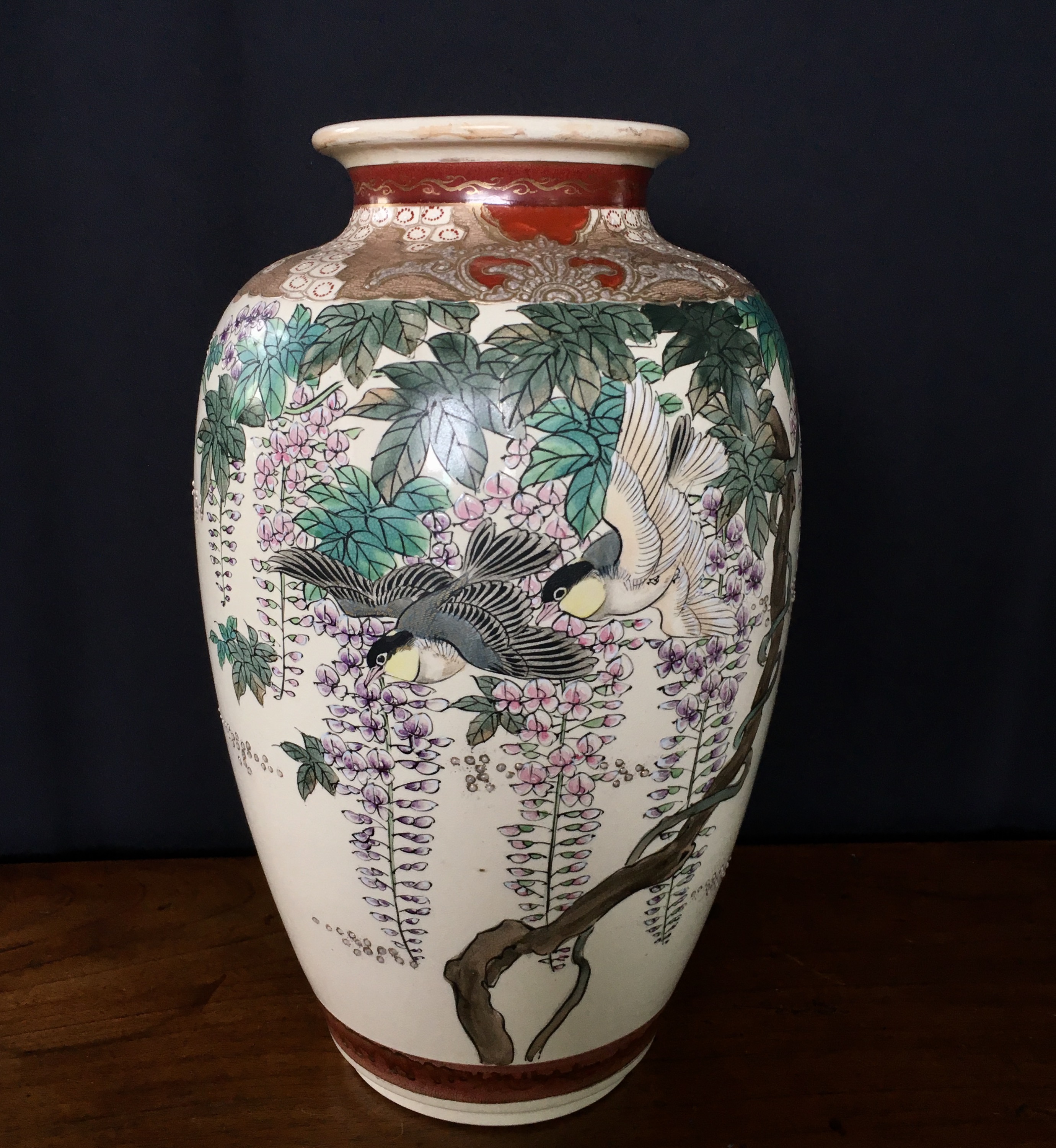 Japanese pottery satsuma vase, wisteria & birds, c.1890 | Moorabool ...